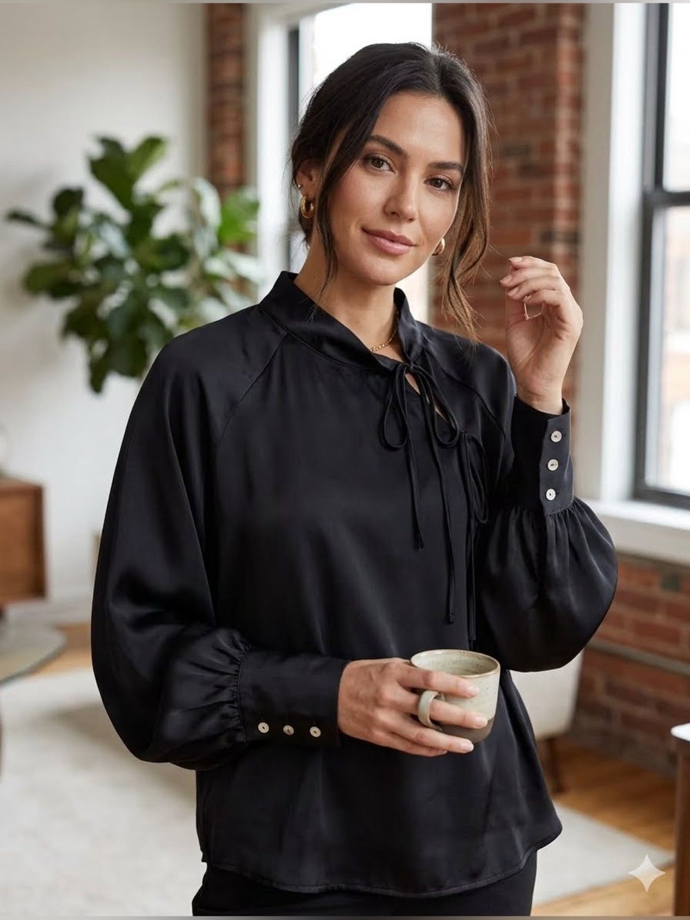 Zara Black Satin Tie-Neck Blouse with Button Cuffs- small
